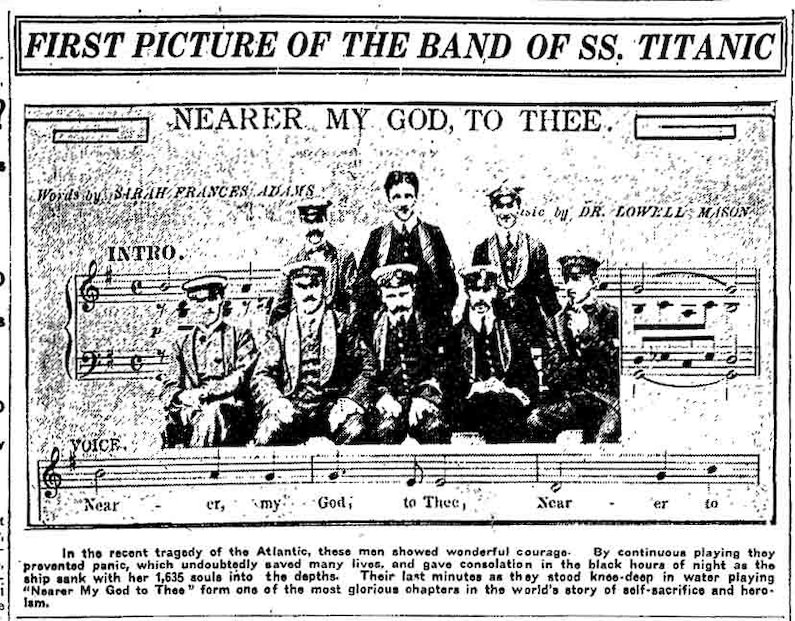 Los músicos del Titanic: Wallace H. Hartley (Director de la banda), Roger Bricoux, Fred Clarke, P.C. Taylor, G. Krins, Theodore Brailey, Jock Hume y J.W. Woodward
